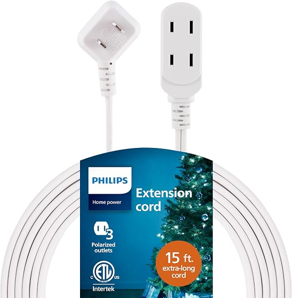 Philips Extension Cord, 15 Ft, 3-Outlet Flat Plug Extension Cord
