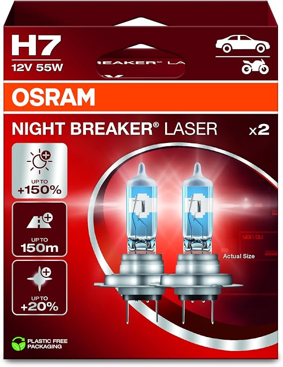 Osram Night Breaker Laser H7, +%150 daha fazla parlaklık, halojen far lambası, 64210NL-2HB, 12V otomobil, asma kutu (2 lamba)