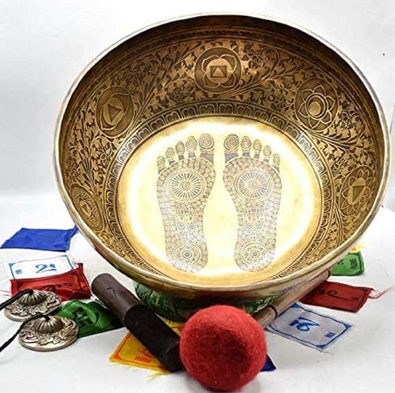 Tibetan Singing Bowl 16 Inch Gorgeous Buddha Foot Handmade in Nepal - Meditation, Healing - Sound Bath - Yoga and Relaxation - Gold, Silver