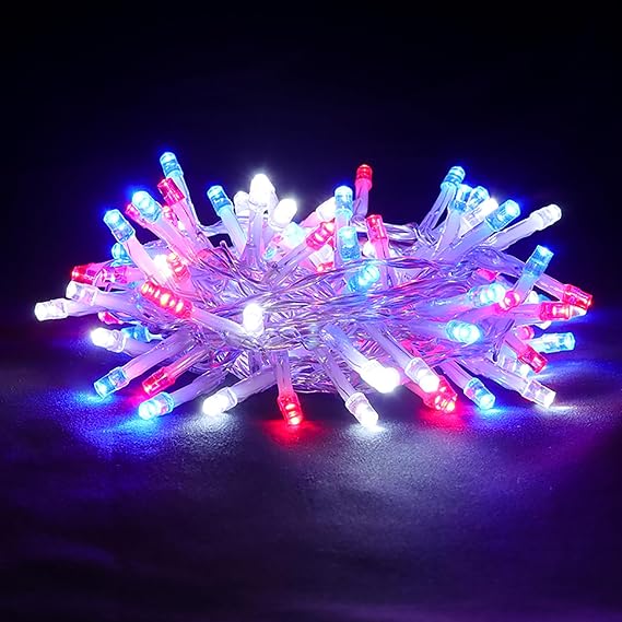 Red White Blue Patriotic String Lights - 100 LED 4th of July Lights Plug in for Indoor/Outdoor Independence Day Memorial Day Decorations, 8 Feet Clear Wire, 8 Modes & Memory Function, Connectable