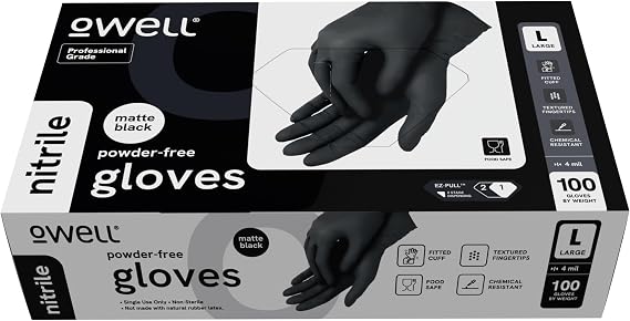 OWELL Black Nitrile Disposable Gloves, Food Safe Certified, Powder-Free, Latex-Free