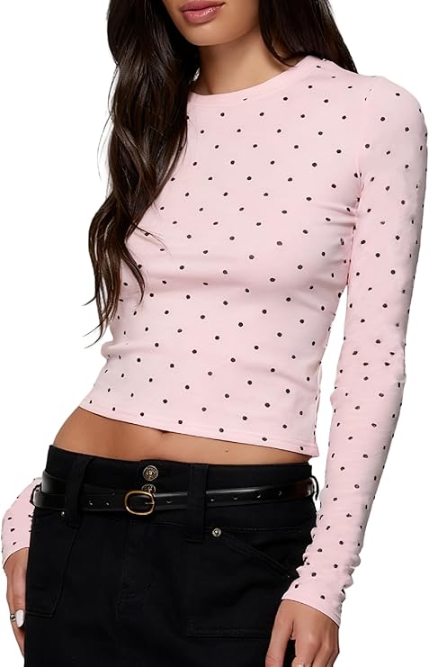 Women Long Sleeve Polka Dot Shirt Y2k Crewneck Slim Fit Crop Top
