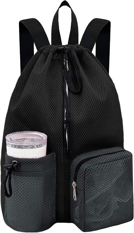 Swim Bag Mesh Beach Backpack for Womem Men Waterproof Drawstring Backpack with Wet Pocket for Swimming Gym Pool