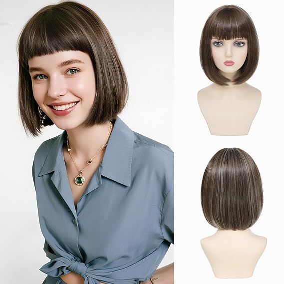 Ash Brown Bob Wig with Bangs Short Straight Wig for Women Girls 12 Inch Heat Resistant Synthetic Natural Looking Bob Hair Wig for Daily Wear Cosplay Halloween Party Use