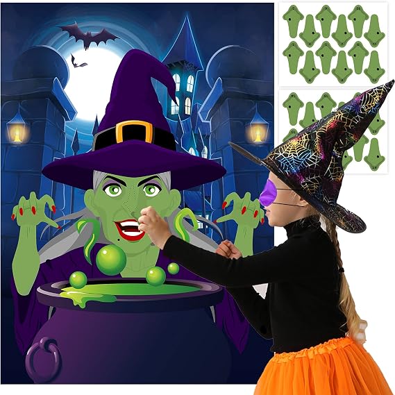 Halloween Games for Kids Pin the Nose on The Witch Game Halloween Party Games for Kids Halloween Witch Party Activities Decorations Pin The Tail Game for Halloween Themed Party Favors Supplies