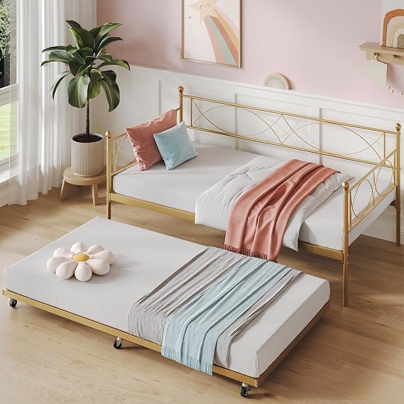 IDEALHOUSE Metal Twin daybed with Trundle with Steel Slat Support | Multifunctional Twin Daybed and Trundle with Wheels, Day Bed Sets Sofa Bed Frame Daybed Frame for Bedroom, Livingroom