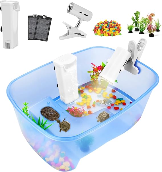 Rypet Baby Turtle Tank Starter Kit, Small Turtle Tank with Filter & Light | With Turtle Tank Accessories, UV Basking Light, Water Filter, Rocks and Plants, for Small Reptiles (16.5 x 11.5 x 6.3)