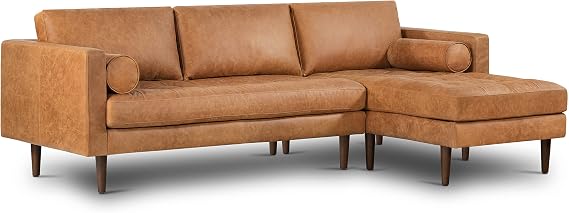 POLY & BARK Napa 104.5" Right-Facing Sectional Sofa Cognac Tan Full-Grain Pure-Aniline Italian Leather, Feather-Down Cushions, Solid Wood Frame