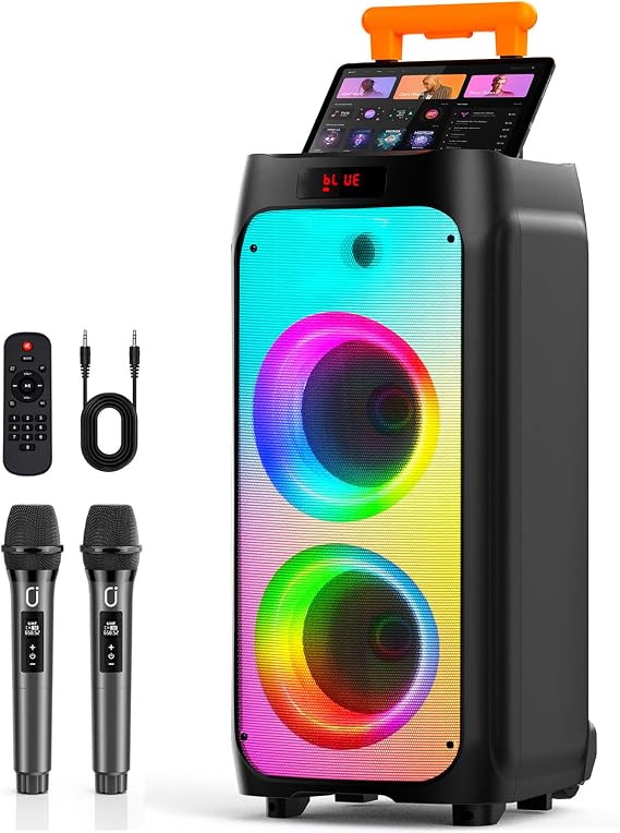 HWWR Karaoke Machine with 2 Wireless Microphones, Big Bluetooth Party Speaker with 500W Peak Power for Adults, PA System with Rolling Wheels and Trolley, Perfect for Outdoor, Home Party, Gatherings