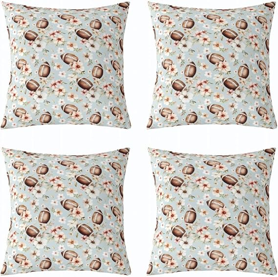 Feelyou Football Throw Pillow Covers Set of 4 Gift for Football Lover Cushion Covers Flower Pillow Case for Couch Sofa Blue Cushion Case Brown Kids Boys Girls Bedroom Decor 18 x 18-Inch