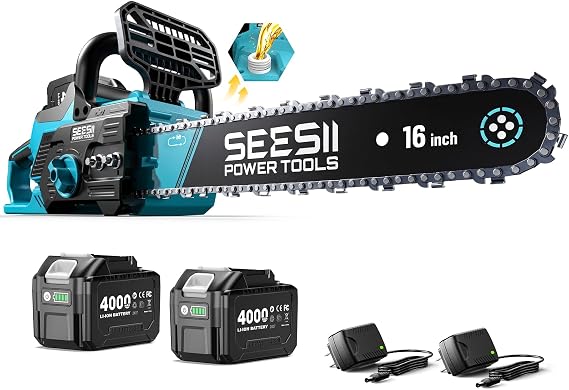 SEESII 40V 16-Inch Cordless Electric Chainsaw,2000W Brushless Chain Saw | 240v 4000mAh Batteries & Chargers, Auto Oiler, Battery Powered Chain Saw for Tree Trimming, Wood Cutting, Yard Work