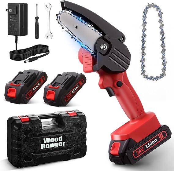 Wood Ranger Mini Chainsaw, Electric 4 inch MINI Chainsaw, Cordless Portable Electric Chain Saw for Yard, Home and Garden, Wood Cutting, Tree Trimming (2Battery&2Chain)