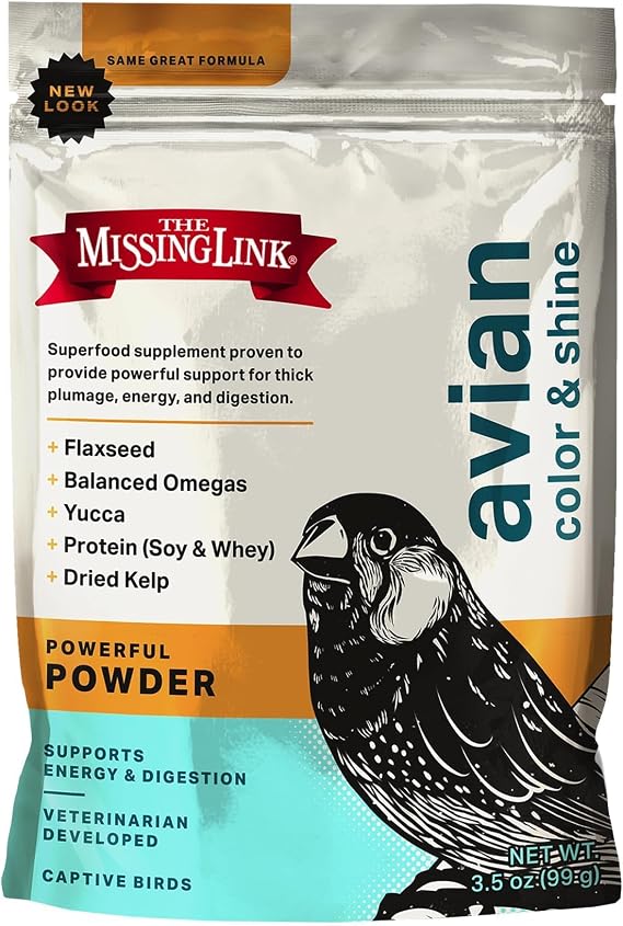 The Missing Link Avian Color & Shine Superfood Supplement Powder for Captive Birds - Flaxseed, Yucca, Kelp, Phytonutrients & Protein - Supports Energy, Plumage, Digestive & Immune Health - 3.5oz | Vibrant & Healthy Plumage, Easy to Serve, Boosts Energy & Vitality, Flaxseed, Balanced Omegas, Yucca, Proteins, Kelp, Protein
