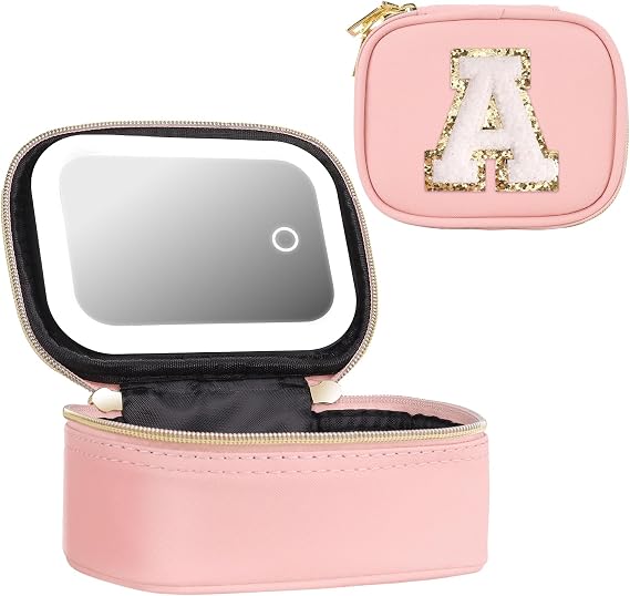 Mini Initial Makeup Bag With Led Mirror With Lights Gifts For Women Girls, Small Makeup Box For Travel Gift, Cosmetic Bag Make Up Organizer Personalized Bags Birthday Christmas Gifts For Womens (A)