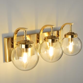 Beionxii Bathroom Vanity Light, 3-Light Brushed Gold Bathroom Light Fixtures, Modern Vanity Lights with Clear Glass Shade, Wall Sconces Lighting Over Mirror Living Room Hallway, BX-VL03BG-3CG