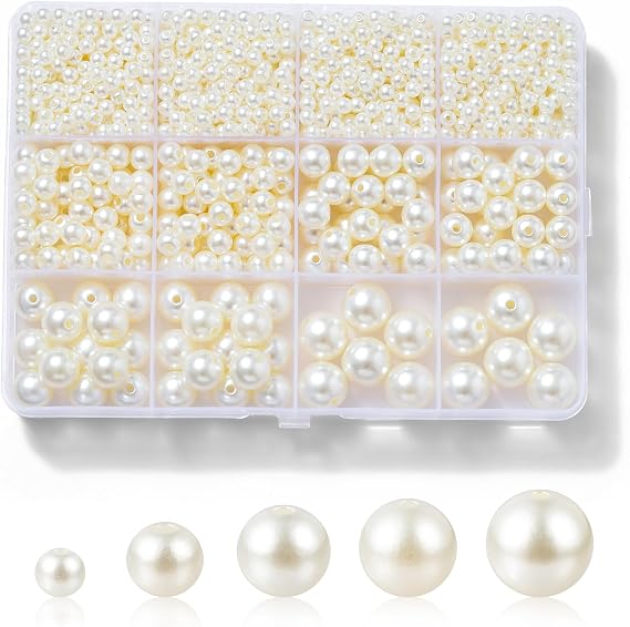 Hudinsun 1200 Pcs Pearl Beads for Jewelry Making, 5 Size Round Pearls for Bracelets Making Kit Small Pearl Filler Beads with Hole for DIY Craft Necklace Earrings