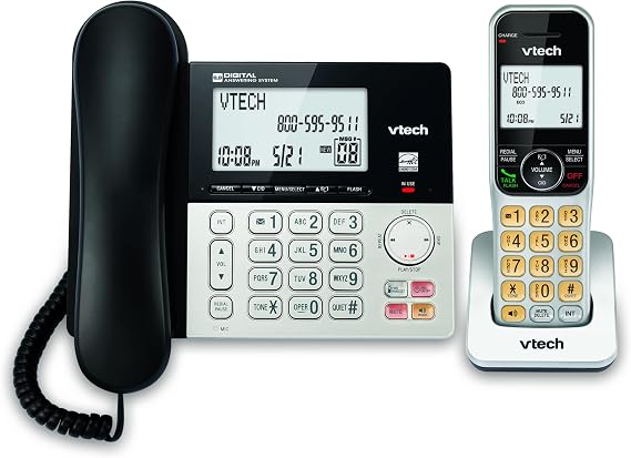 VTech VG208 DECT 6.0 Corded/Cordless Phone with Answering Machine, Call Blocking, Caller ID, Large Backlit Display, Full-Duplex Speakerphone - Silver/Black