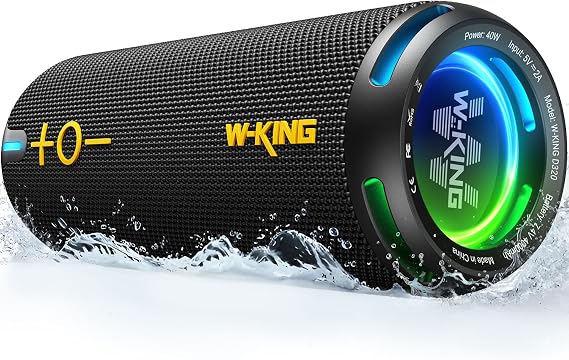 W-KING Bluetooth Hoparlörler - IP67 Su Geçirmez Dış Mekan Taşınabilir Kablosuz Hoparlör, 40W HD 360° Işıklı Stereo Surround Ses, Özel EQ ve Derin Bas/V5.3/DSP/24H/TF/AUX, Toz Geçirmez, Duş, Kamp için