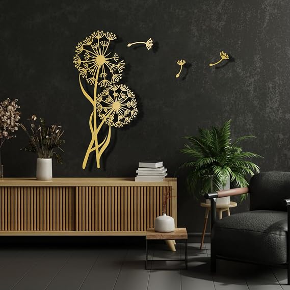 Dandelion Flower Metal Wall Art, Dandelion Metal Decor, Metal Dandelion Wall Art, Unique Home Decor, Floral Wall Hanging, Flying Seeds Decor, Livingroom Nature Decor, Mothers Day Gift (30 x 14 inch | 76 x 35 cm, Gold)