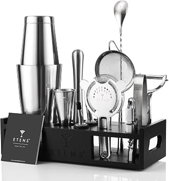 ETENS Cocktail Shaker Set Drink Mixer Bar Accessories 15Pcs Mixology Bartender Kit Includes Boston Shaker, Japanese Jigger, Strainer, Bottle Opener, Cocktail Mixing Spoon Handcrafted Wood Stand