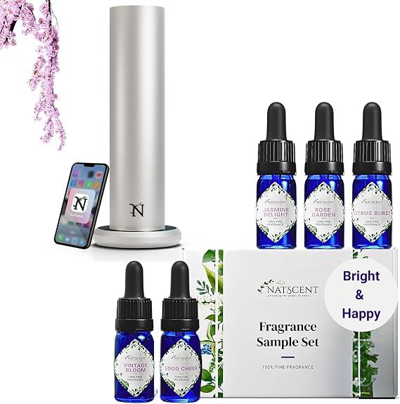 Dynamo Essential Oil Diffuser with Bright & Happy Essential Oil Set, Bundle of Smart Waterless Diffuser & Essential Oil Kit for Home, Office, Spa Silver