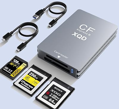 XQD Card Reader with CFexpress Type B & SD Support, USB-C 3.2 Gen 2 10 Gbps 3-in-1 High-Speed Reader with Shared XQDType B Slot for Professional Filmmakers & Photographers