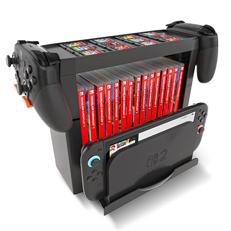Switch 2 Storage Stand, Multifunctional Switch 2 Organizer Holds 15 Game Boxes, 12 Game Cards, 2 Controllers and Switch Dock, Compatible with Switch 2/Switch OLED/Switch - Switch 2 Accessories