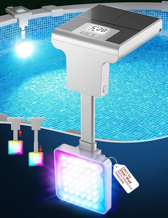 Solar Pool Light for Steel Wall Above Ground Pool Light,Submersible Pool Light with LCD Pool Thermometer,Underwater light for Pool Accessories,10 Light Modes Swimming Pool LED Lighting,1PC