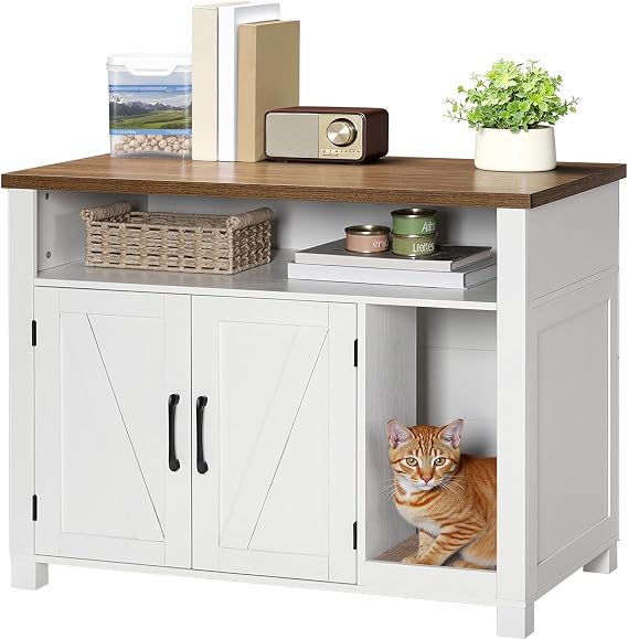 HOOBRO Cat Litter Box Enclosure, Farmhouse Hidden Litter Box with Scratch Pad, Litter Box Furniture with Storage Layer, End Side Table,White and Walnut, WH24MW01