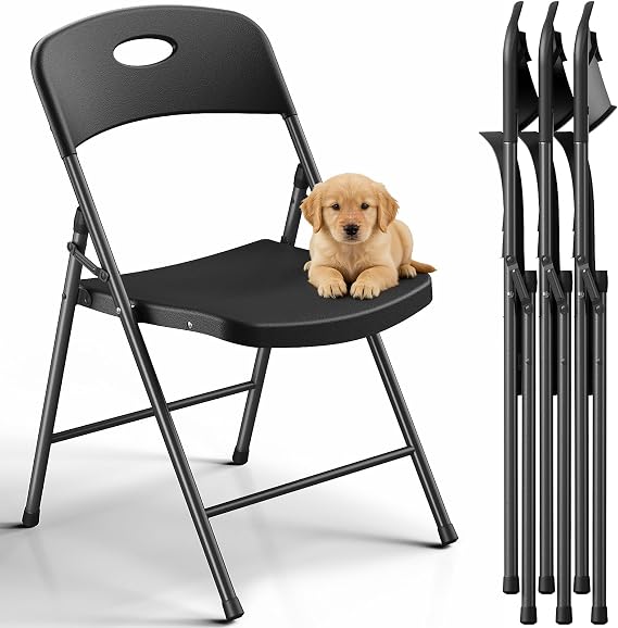 Folding Chairs 4 Pack, Outdoor Folding Chairs for Outside Indoor, Portable 350 lbs Capacity Heavy Duty Plastic Metal Foldable Chairs Commercial Seating for Picnic, Party, Patio, Black