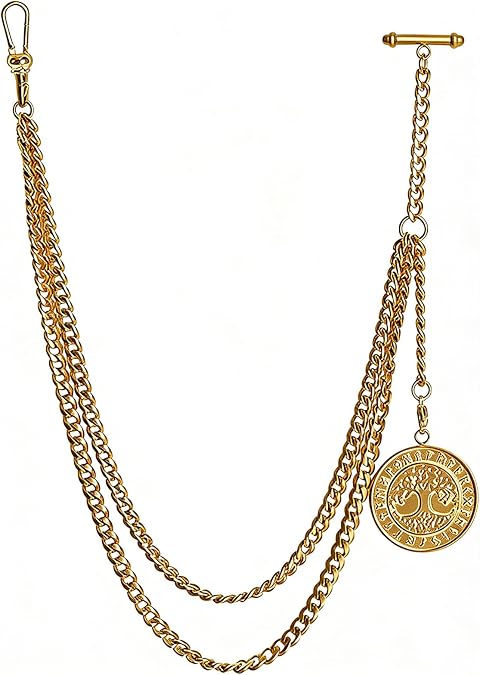 Pocket Watch Chain,Watch Chain Men, Double-Layer Design, with Two Hooks, Halloween, Thanksgiving and Christmas Vests and Formal Clothes Accessories (Gold)