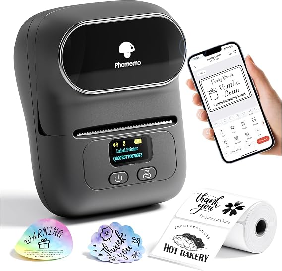 Phomemo Label Printer M110- Upgraded Barcode Label Maker Machine- Gray | Sticker Printer for Small Business, Address, Office, Home for Phone; for PC/Mac(USB), with 100 Labels