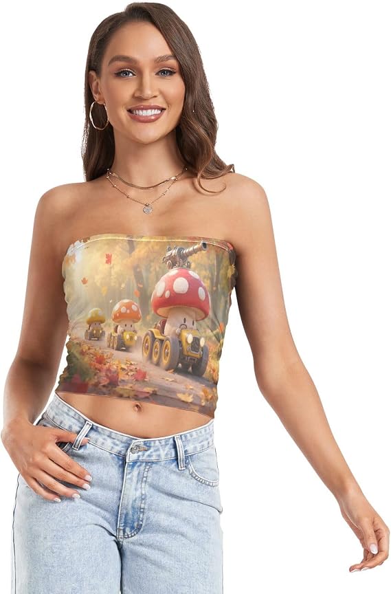 Womens Tube Tops Fall Leaves Cannon Barrel Thanksgiving Mesh Crop Top Strapless Bandeau Tank Corset Tops S 23301995