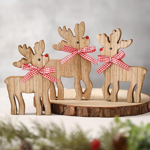 Reindeer Christmas Decor Wooden Deer Table Decoration 3 Pcs Tiered Tray Decor Wood Coffee Tabletop Block Sign Rustic Farmhouse Centerpieces Christmas Xmas Winter For Home Office Shelf Desk Mantel