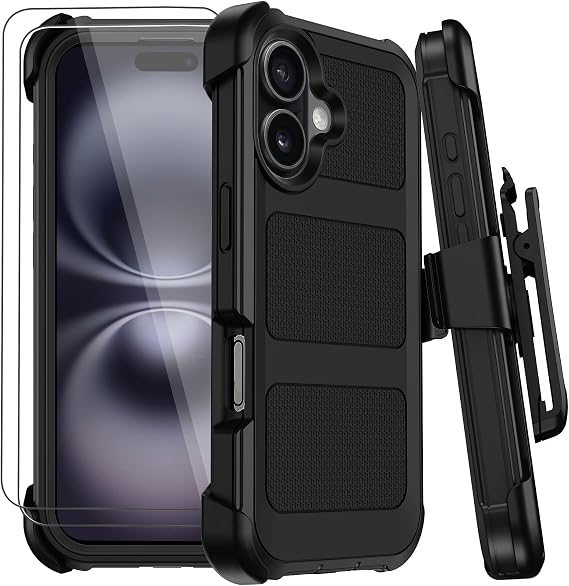 Wedall for iPhone 16 Plus Case with Belt Clip Holster,Anti-Drop Shockproof Bumper Phone Cases with 2X Screen Protectors & Kickstand,Rugged Heavy Duty Military Grade Protective Defender Cover (Black)