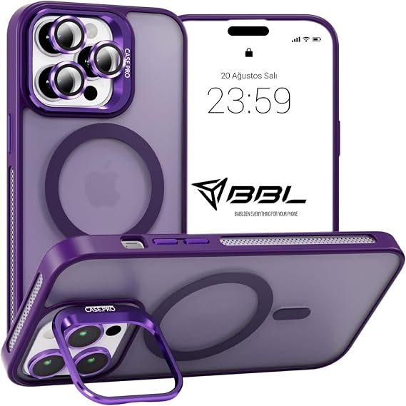 Babilden iPhone 14 Pro İçin Kılıf Kamera Korumalı Magsafe İle Uyumlu Kablosuz Şarj Özellikli Mat Şeffaf Renkli Standlı Lens Hediyeli Telefon Kılıfı (Mor)