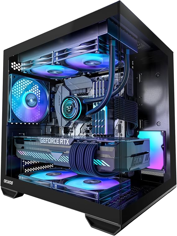 Okinos MATX PC Case, Top 240mm Radiator Support, 5 PCIe Slots for Max GPU Cooling, Extra Space for 160mm PSU & Easy Cable Management, 3120mm ARGB Fan with Controller (Non-PWM), Type-C, Mirage 4 Black