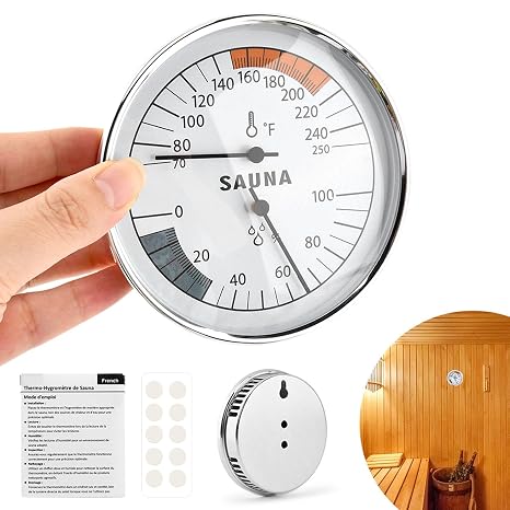 Sauna Thermometer & Hygrometer, 2 in 1 Hanging Temperature Gauge & Thermostat with Sticky Dots 3.9" Display 70-250F, 0-100% RH for Home Spa Indoor Use, Steam Rooms(Color:Sliver)