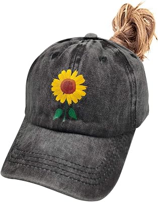 Waldeal Girls Cute Sunflower Ponytail Hat with Hole Teens Adjustable High Bun Cap Black