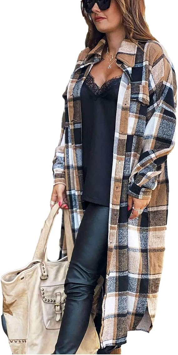 Omoone Women Oversized Plaid Shacket Long Fall Flannel Shirt Jacket