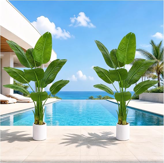 Pack 2 Artificial Bird of Paradise Plant 5FT Fake Palm Tree Faux Plants in White Pot Artificial Tree Fake Plant for Indoor Outdoor Modern Decoration for Home Living Room Office
