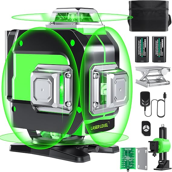 Laser Level, 4x360 Self Leveling Green Cross Line Laser for Construction and Picture Hanging with Rechargeable battery, Remote Controller, Magnetic Rotating Stand