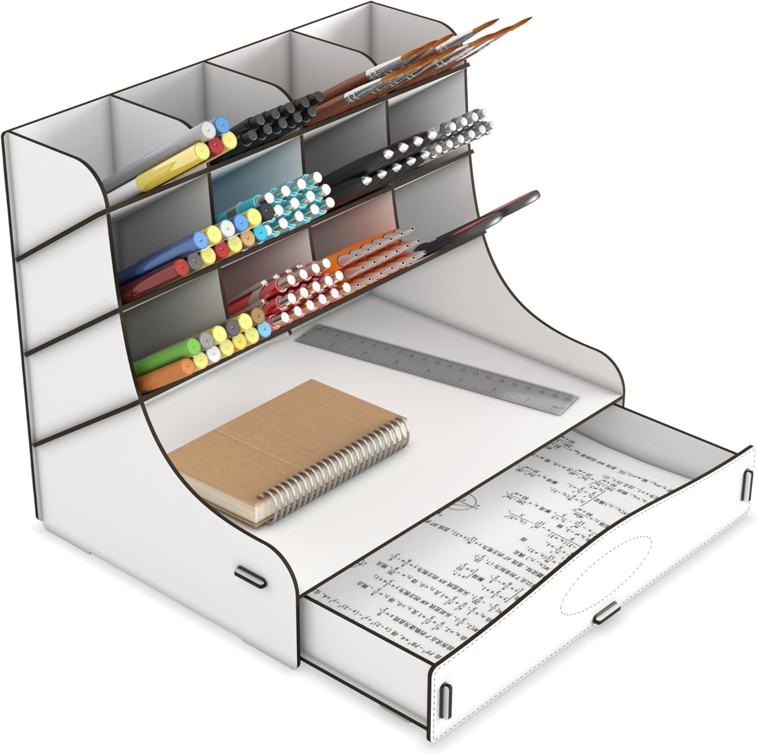Mingitav Chamber 12 Eyes Oversized Desktop Pen Holder Organizer, Desktop Organizer A4 Document Rack with Drawers White