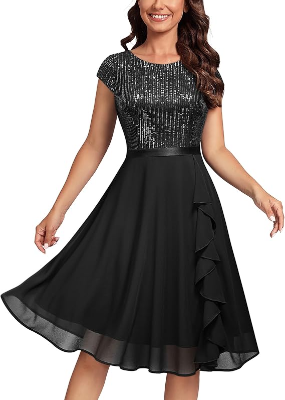 MISSMAY Women's Elegant Glitter Sequin Ruffle Style Cocktail Prom Dress
