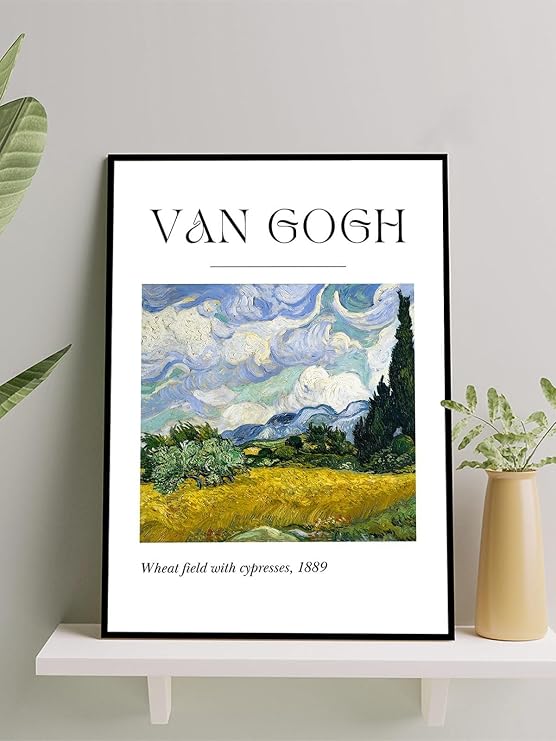 Postermanya Van Gogh Wheat Cypresses, Selvi Ağaçlı Buğday Tarlası Sanatsal Çerçeveli Tablo - Çerçeveli Poster