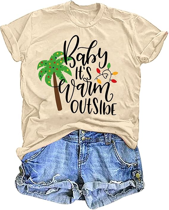 Christmas in July Shirt Women Baby It's Warm Outsibe Shirts Christmas Palm Tree T-Shirt Summer Beach Party Tee Tops