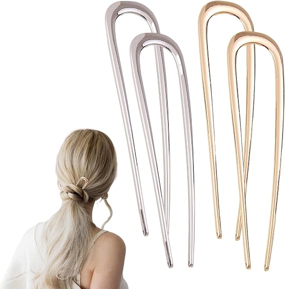 EKDJKK 4 Pack French Hair Pins for Women Girls, 5.5 Inch Metal U Shaped Hair Pins for Thick Hair, Vintage Hair Fork Hair Pin, Hair Sticks for Buns, Hair Fork, Hairstyle Accessories