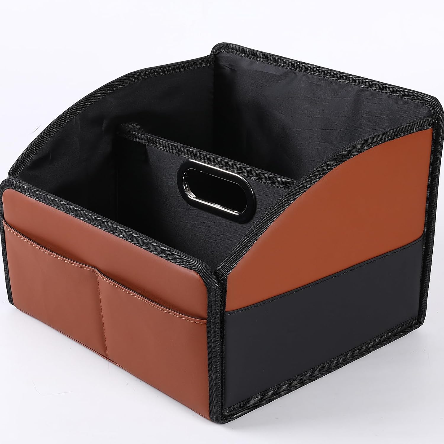 2025 UPDATED] Leather Car Seat Organizer, Foldable Storage Box for Front Seat, Back Seats & Floor – Removable Divider, Metal Handle, Adjustable Anti-Slip Strap for Kids & Adults Black & Brown