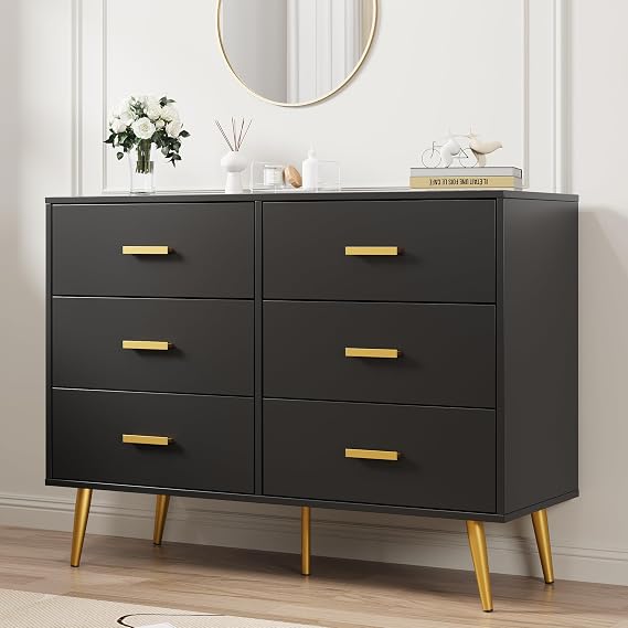 IDEALHOUSE 6 Drawer Dresser, Chest of Drawers with Gold Handles, Black | Wooden Modern Deep Drawers for Bedroom, Living Room and Entryway