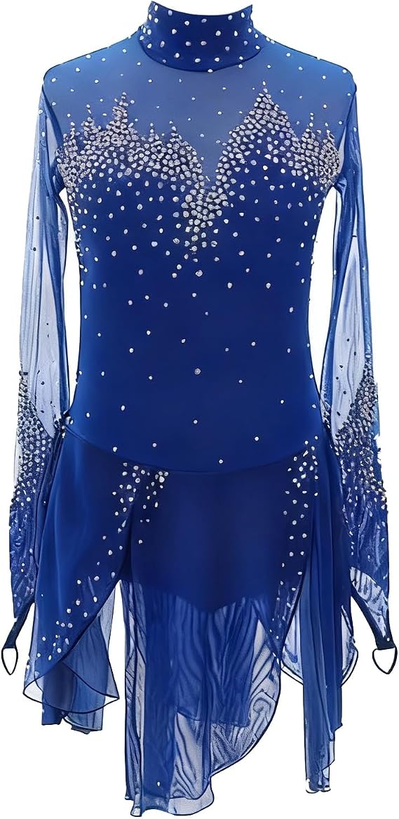 Figure Skating Dress for Women, Long Sleeve Ice Skating Costume with Rhinestones, Girls Dancing Sportwear
